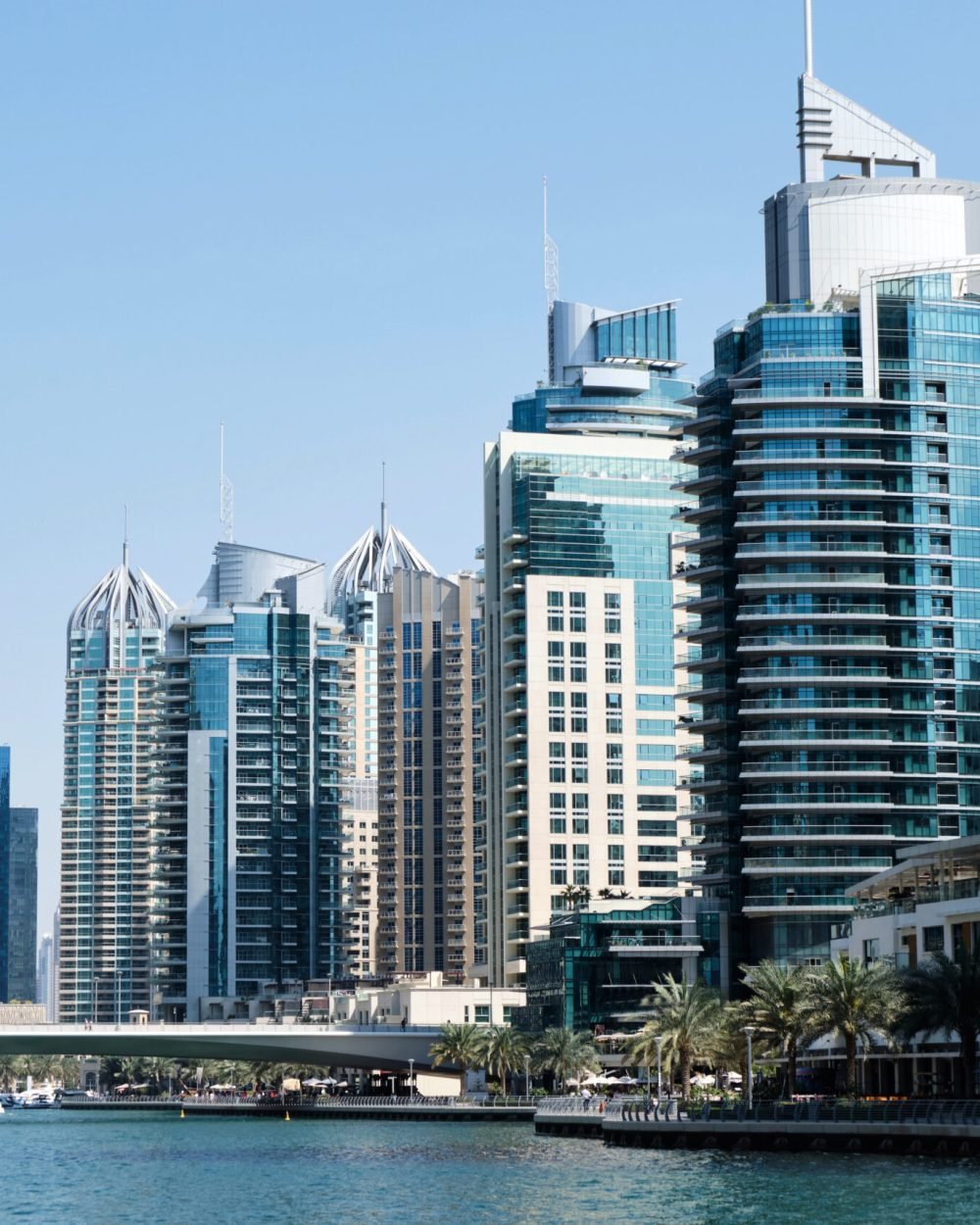 Dubai marina cityscape at daylight. Clear sky. United Arab Emirates